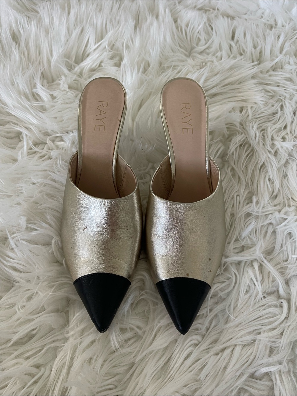 RAYE Gold and Black Pointed Mule Stilettos